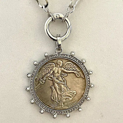 Silver French Commemorative Medal Necklace-Silver Paperclip Chain-Reproduction Coin Pendant- Pearl/Cubic Zirconia Bezel Coin Pendant