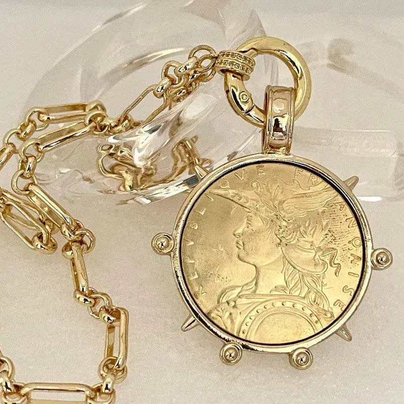 Medallion Coin Necklace-Gold Speciality Chain-Reproduction French Coin Pendant-Liberty Coin Pendant-Art Deco Jewelry-Spring Ring Clasp