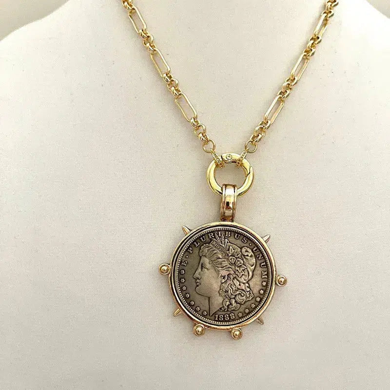 Medallion Coin Necklace-Gold Speciality Chain-Reproduction French Coin Pendant-Liberty Coin Pendant-Art Deco Jewelry-Spring Ring Clasp