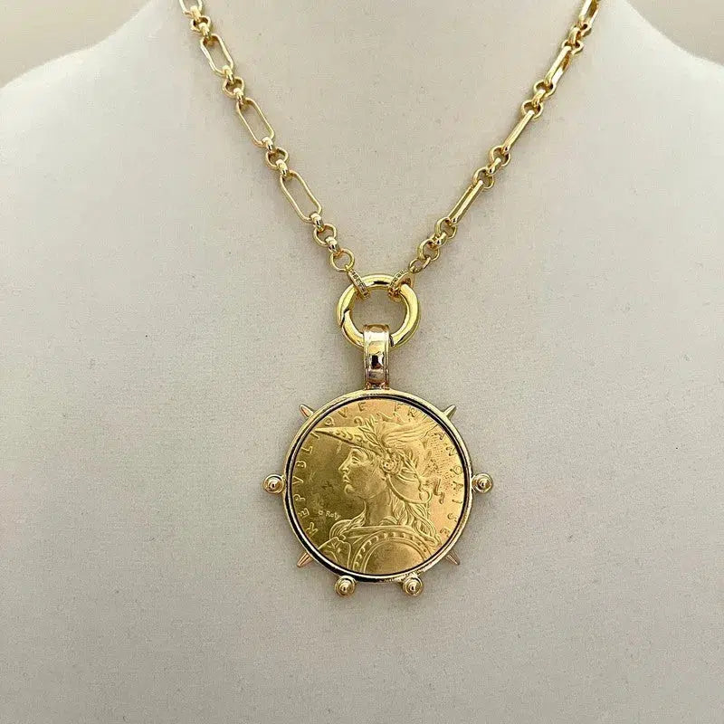 Medallion Coin Necklace-Gold Speciality Chain-Reproduction French Coin Pendant-Liberty Coin Pendant-Art Deco Jewelry-Spring Ring Clasp