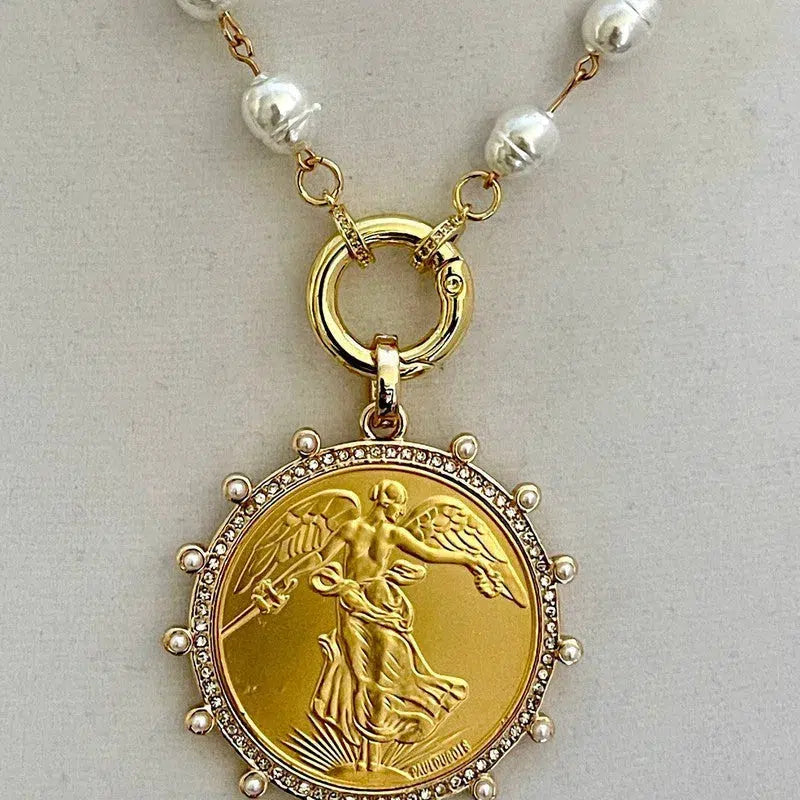 Gold French Coin Pendant-Porcelain Replica Pearl Necklace-Reproduction Commemorative Medal-Bezel w/Pearl and CZ-Spring Lock Clasp