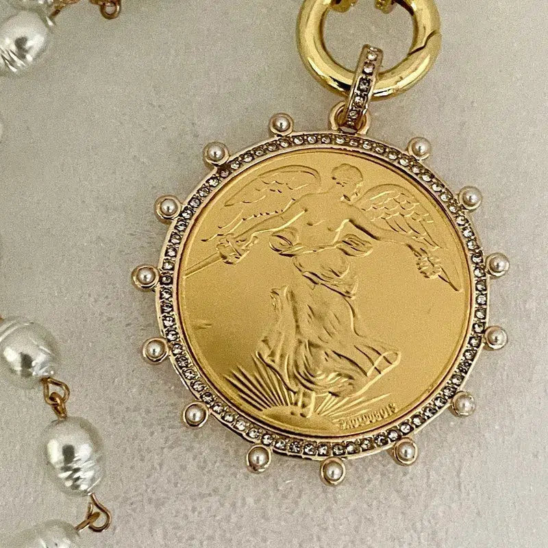 Gold French Coin Pendant-Porcelain Replica Pearl Necklace-Reproduction Commemorative Medal-Bezel w/Pearl and CZ-Spring Lock Clasp