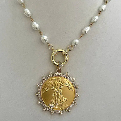 Gold French Coin Pendant-Porcelain Replica Pearl Necklace-Reproduction Commemorative Medal-Bezel w/Pearl and CZ-Spring Lock Clasp