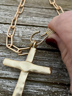 Matte Gold Cross Necklace,Micro Pave Carabiner Clasp,Matte Gold Paperclip Chain,Textured Brass Cross,ReligiousPendant