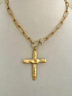 Matte Gold Cross Necklace,Micro Pave Carabiner Clasp,Matte Gold Paperclip Chain,Textured Brass Cross,ReligiousPendant
