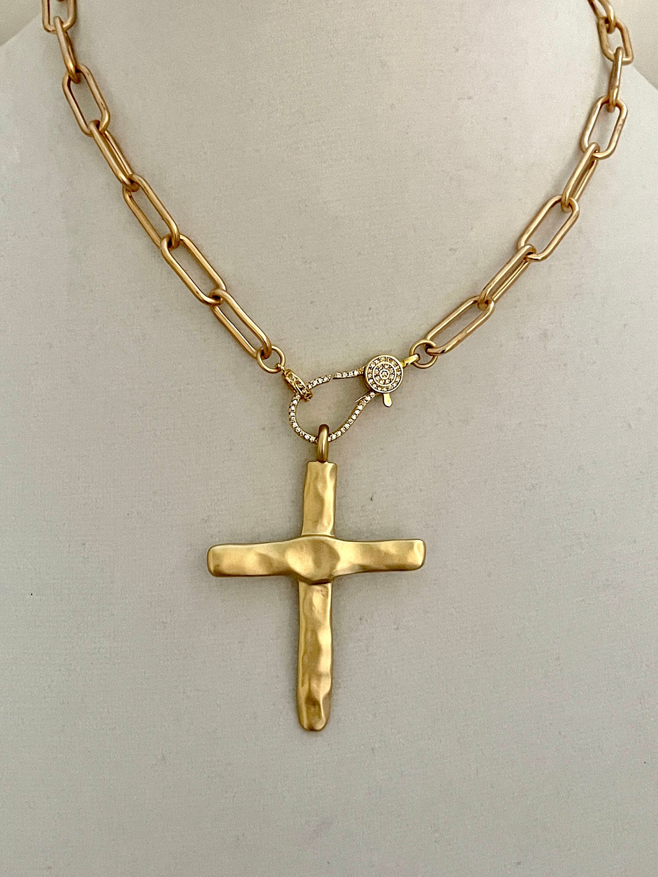 Matte Gold Cross Necklace,Micro Pave Carabiner Clasp,Matte Gold Paperclip Chain,Textured Brass Cross,ReligiousPendant