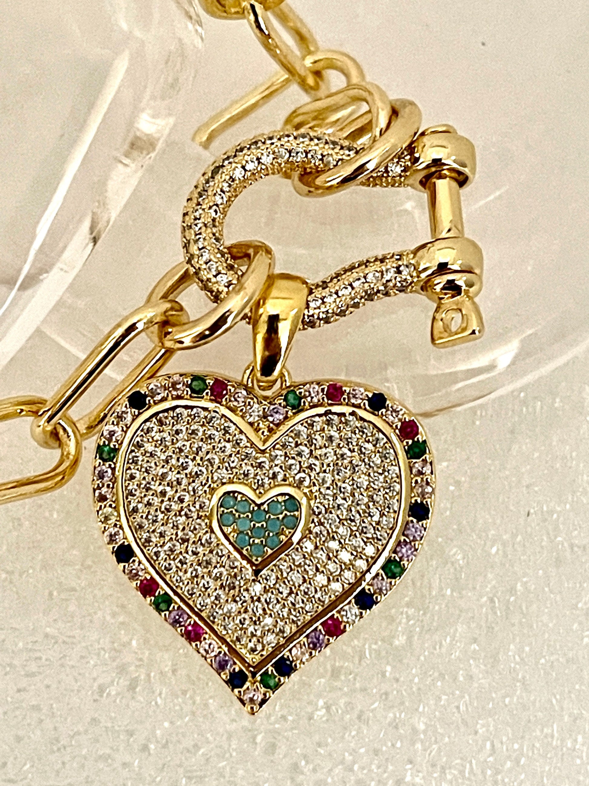 Gold Paperclip Chain necklace-CZ Shackle Clasp-Multi Colored CZ Heart Pendant-Gift For her