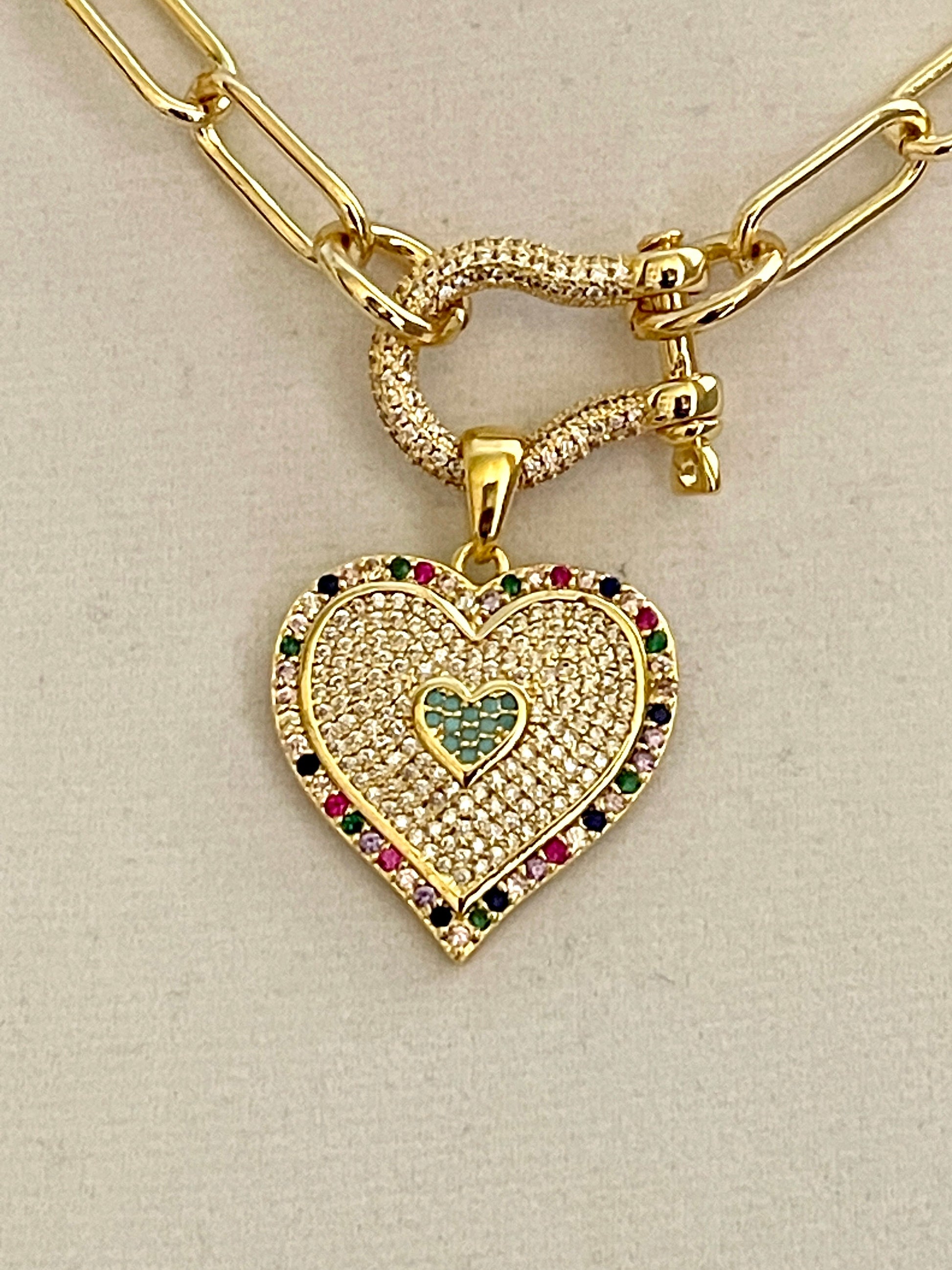 Gold Paperclip Chain necklace-CZ Shackle Clasp-Multi Colored CZ Heart Pendant-Gift For her