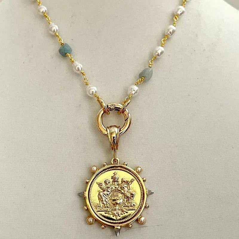 Pearl and Aqua Stone Rosary Chain Necklace,Gold French Replica Coin,Art Deco Medallion,CZ Spikes and Pearl Accent Bezel, Spring Ring Clasp