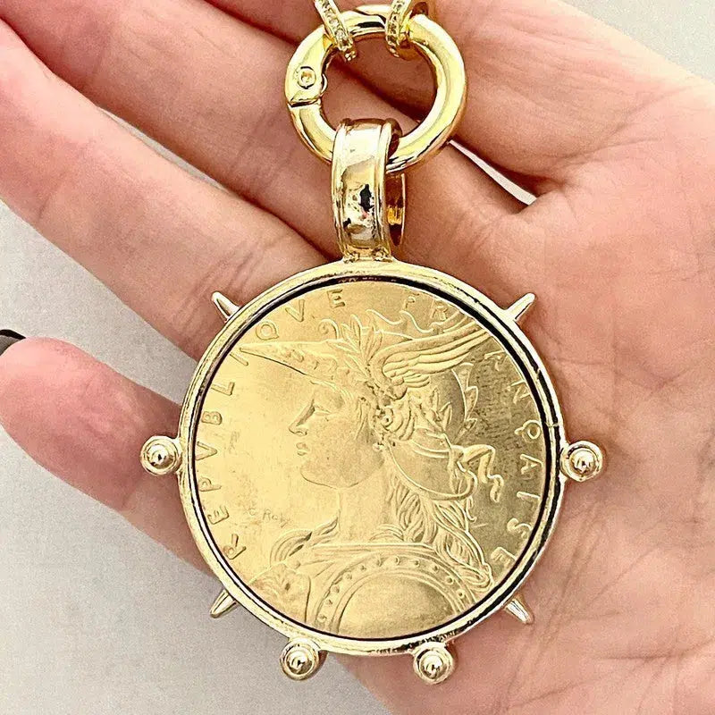 Medallion Coin Necklace-Gold Speciality Chain-Reproduction French Coin Pendant-Liberty Coin Pendant-Art Deco Jewelry-Spring Ring Clasp