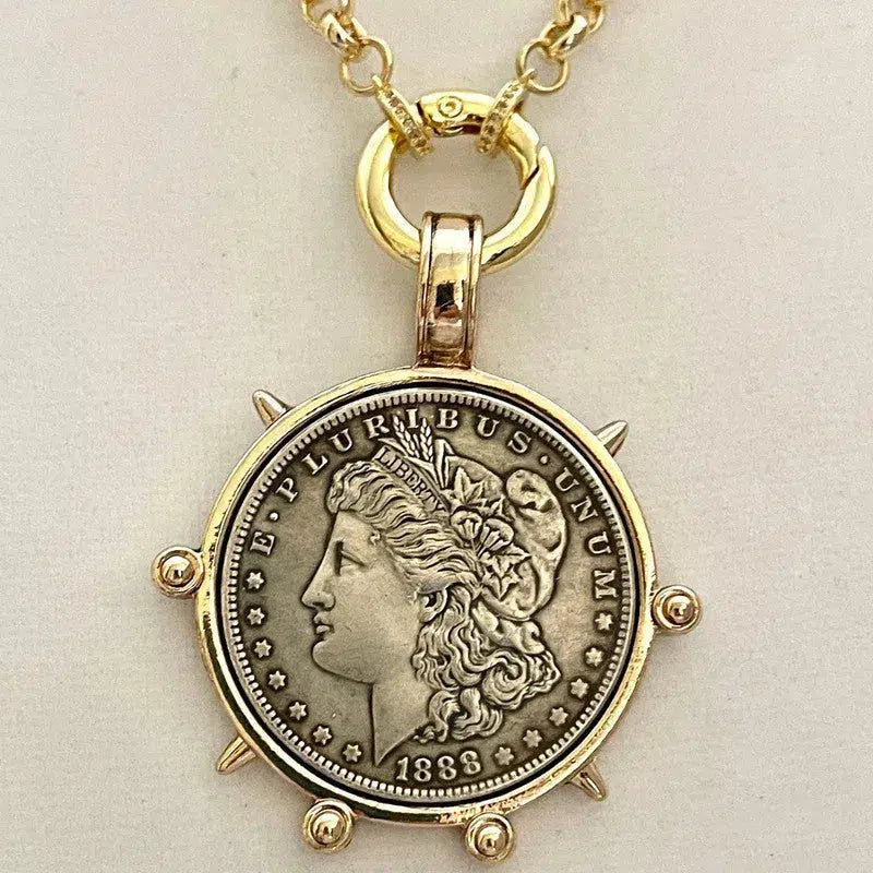 Medallion Coin Necklace-Gold Speciality Chain-Reproduction French Coin Pendant-Liberty Coin Pendant-Art Deco Jewelry-Spring Ring Clasp