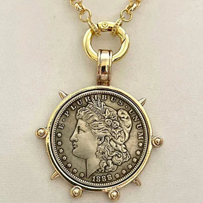 Medallion Coin Necklace-Gold Speciality Chain-Reproduction French Coin Pendant-Liberty Coin Pendant-Art Deco Jewelry-Spring Ring Clasp