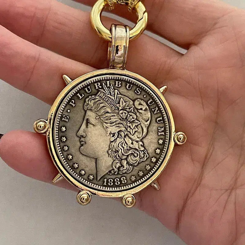 Medallion Coin Necklace-Gold Speciality Chain-Reproduction French Coin Pendant-Liberty Coin Pendant-Art Deco Jewelry-Spring Ring Clasp