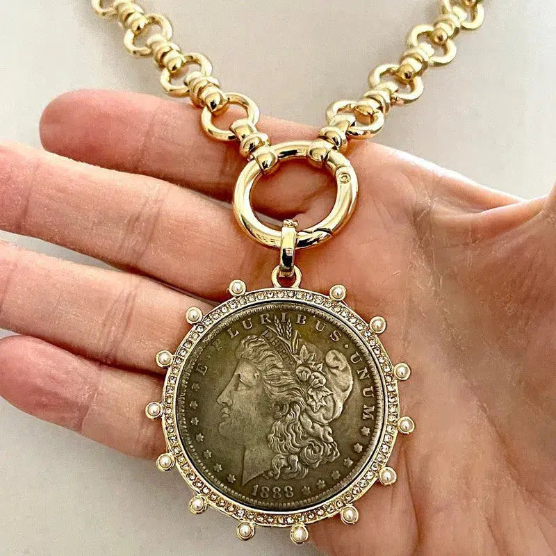 Burnished Silver Coin Necklace-Gold Multi Link Chain Necklace-Gold Reproduction Coin Pendant-Gold Pearl Bezel Coin-Spring Clasp-Art Deco