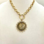 Burnished Silver Coin Necklace-Gold Multi Link Chain Necklace-Gold Reproduction Coin Pendant-Gold Pearl Bezel Coin-Spring Clasp-Art Deco