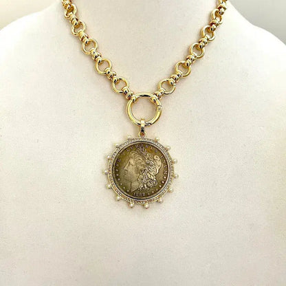 Burnished Silver Coin Necklace-Gold Multi Link Chain Necklace-Gold Reproduction Coin Pendant-Gold Pearl Bezel Coin-Spring Clasp-Art Deco