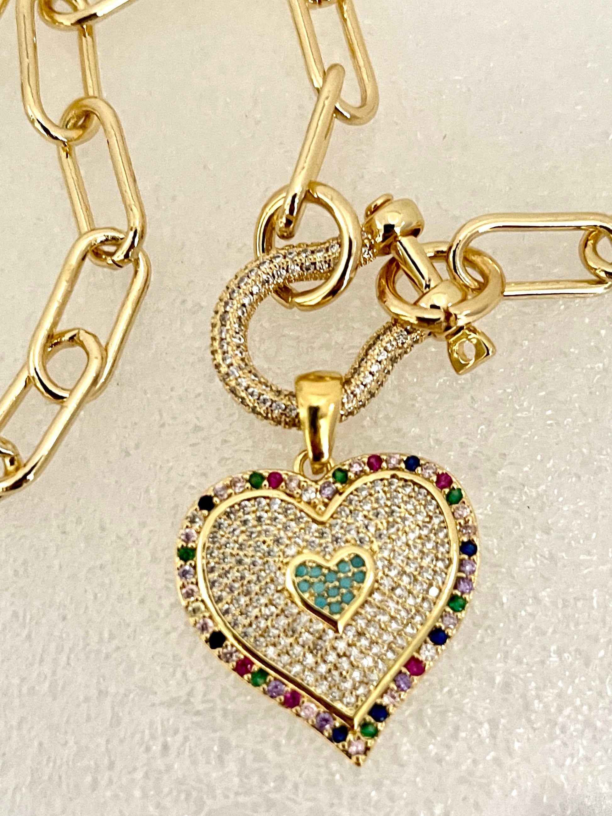 Gold Paperclip Chain necklace-CZ Shackle Clasp-Multi Colored CZ Heart Pendant-Gift For her