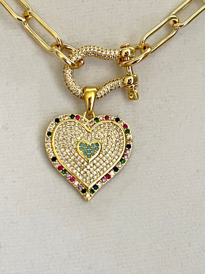 Gold Paperclip Chain necklace-CZ Shackle Clasp-Multi Colored CZ Heart Pendant-Gift For her