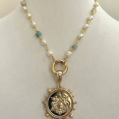 Pearl and Aqua Stone Rosary Chain Necklace,Gold French Replica Coin,Art Deco Medallion,CZ Spikes and Pearl Accent Bezel, Spring Ring Clasp