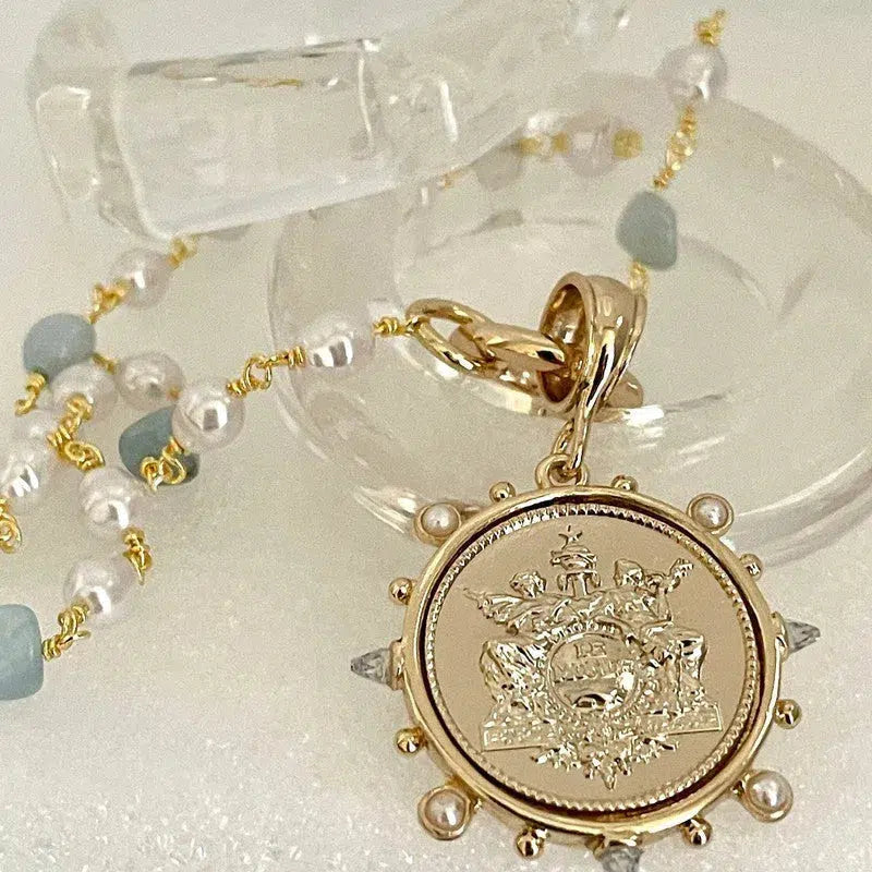 Pearl and Aqua Stone Rosary Chain Necklace,Gold French Replica Coin,Art Deco Medallion,CZ Spikes and Pearl Accent Bezel, Spring Ring Clasp