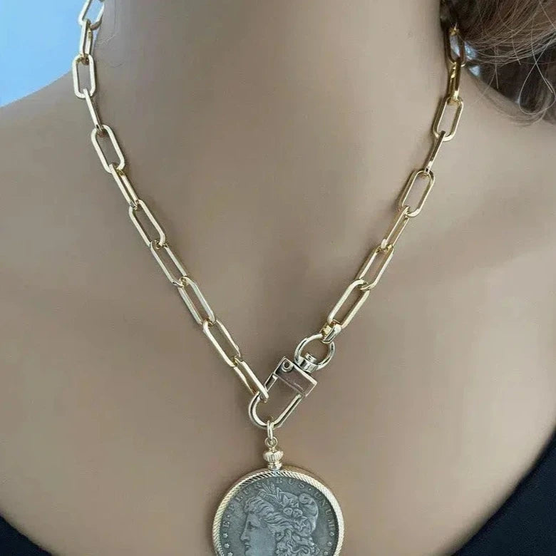 Gold Chain Necklace-Reproduction Vintage Coin Pendant-Paperclip Chain-Spring Lock Clasp-Satement Necklace-Coin Jewelry-Womens Gift