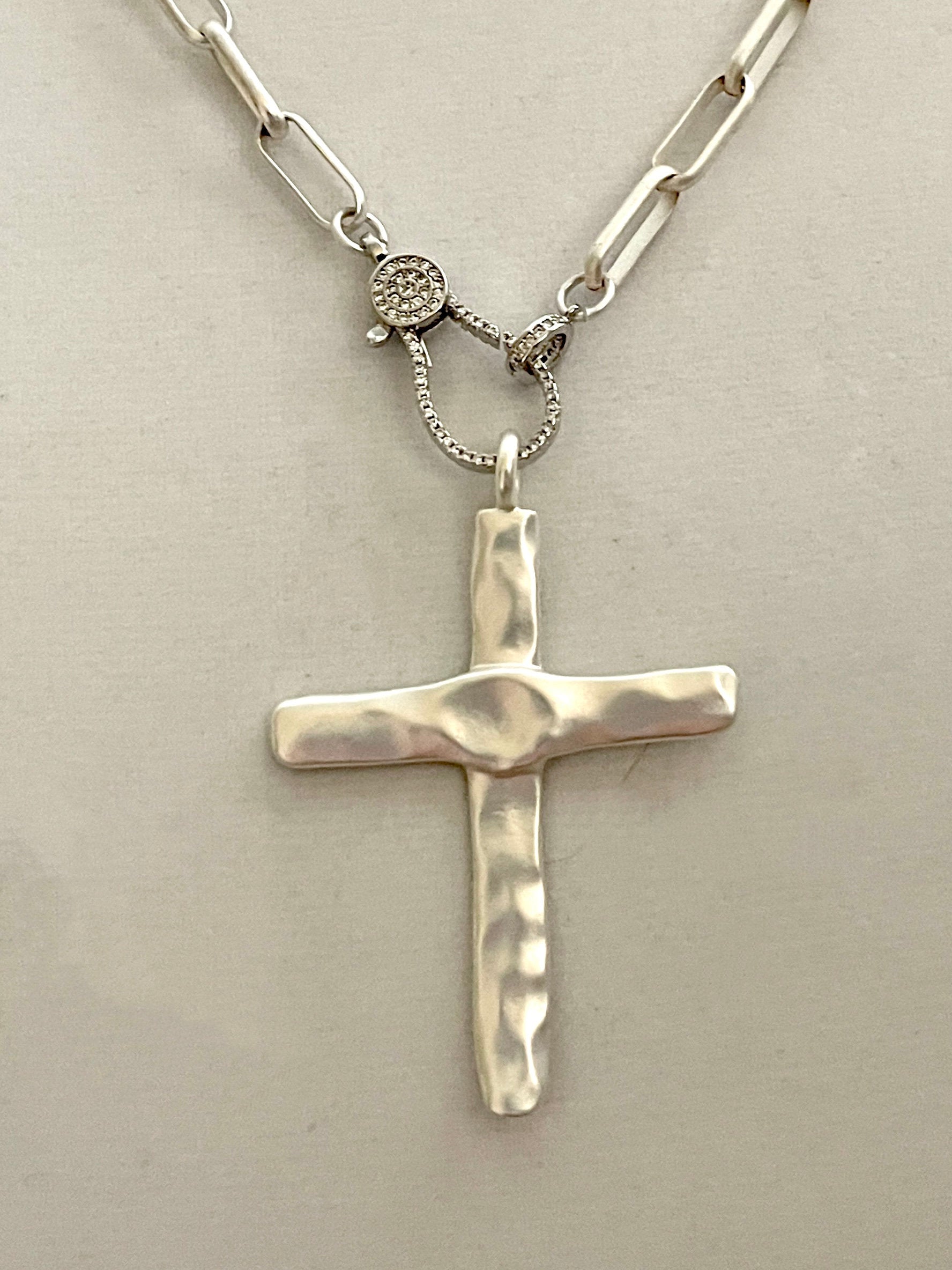 Matte Silver Cross Pendant Necklace: Paperclip Chain, Carabiner Clasp