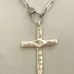 Matte Silver Cross Necklace,Micro Pave Carabiner Clasp,Matte Silver Paperclip Chain,Textured Brass Cross,Religious Pendant