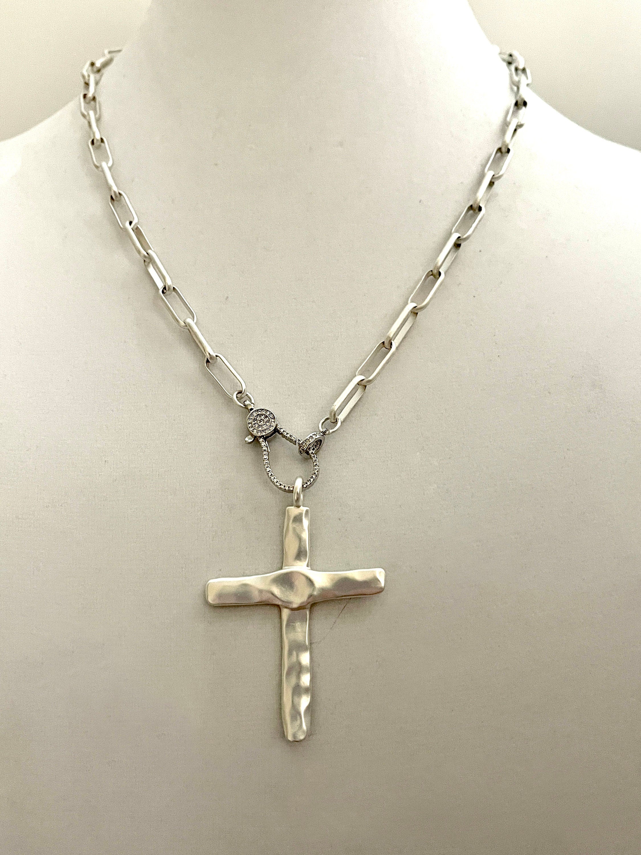 Matte Silver Cross Pendant Necklace: Paperclip Chain, Carabiner Clasp