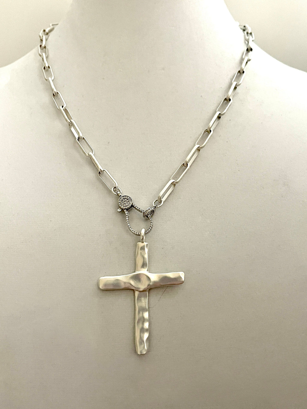Matte Silver Cross Pendant Necklace: Paperclip Chain, Carabiner Clasp