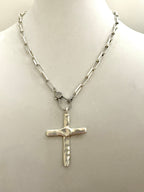 Matte Silver Cross Pendant Necklace: Paperclip Chain, Carabiner Clasp