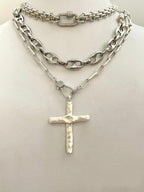 Matte Silver Cross Pendant Necklace: Paperclip Chain, Carabiner Clasp