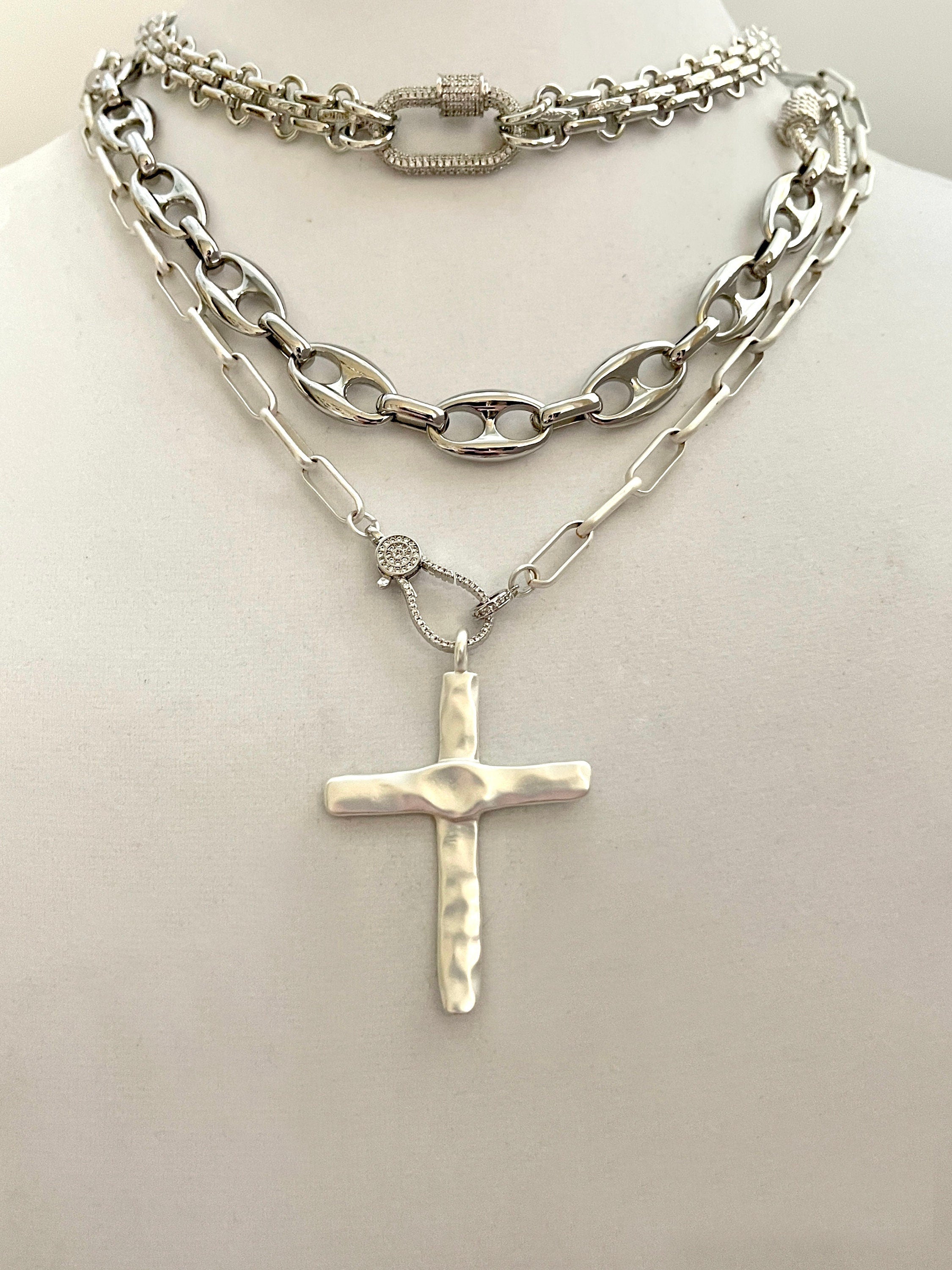 Matte Silver Cross Pendant Necklace: Paperclip Chain, Carabiner Clasp
