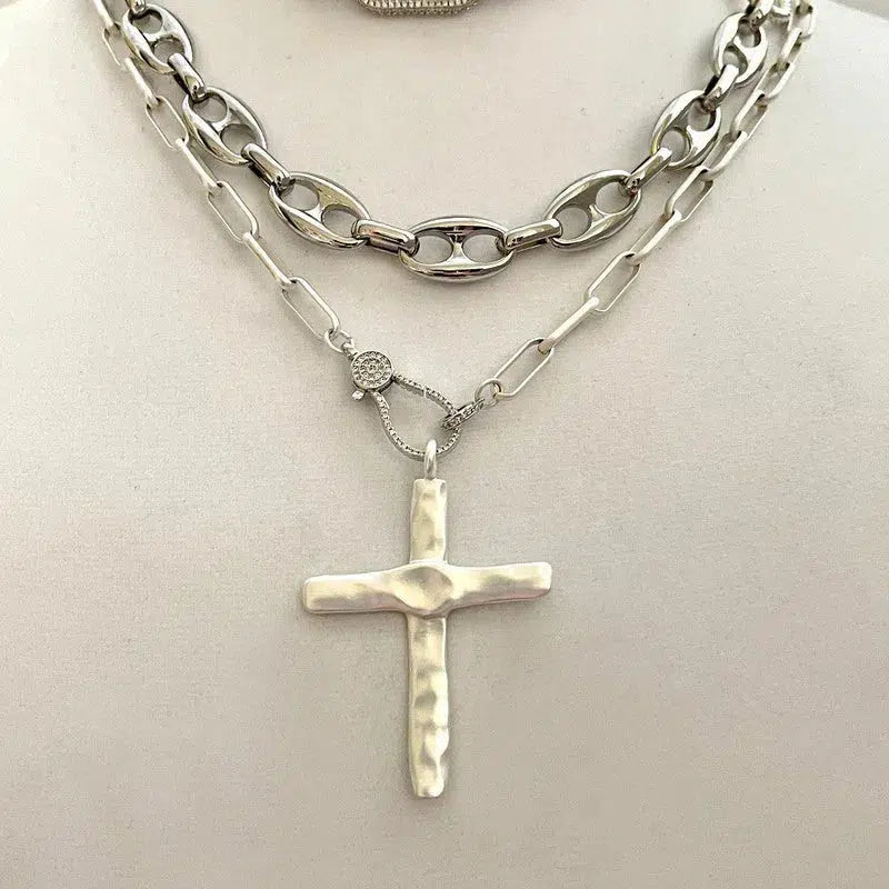 Matte Silver Cross Necklace,Micro Pave Carabiner Clasp,Matte Silver Paperclip Chain,Textured Brass Cross,Religious Pendant