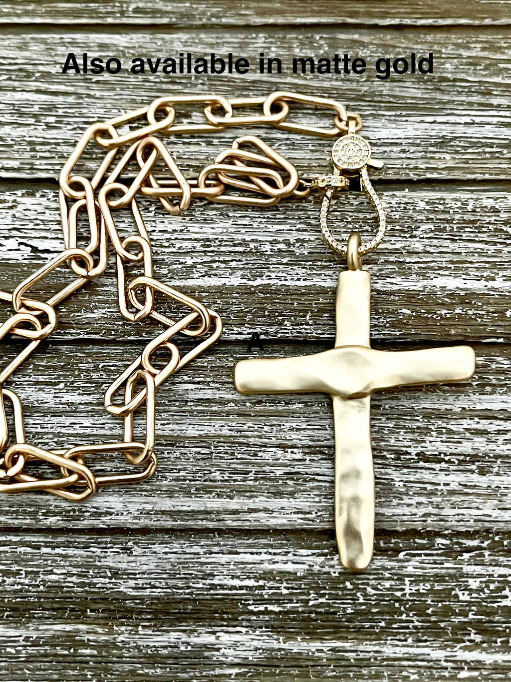 Matte Silver Cross Pendant Necklace: Paperclip Chain, Carabiner Clasp