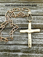 Matte Silver Cross Pendant Necklace: Paperclip Chain, Carabiner Clasp