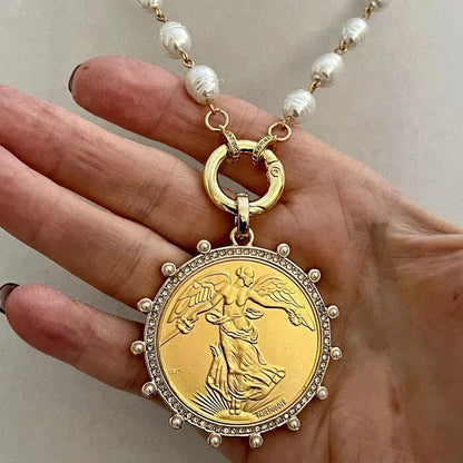 Gold French Coin Pendant-Porcelain Replica Pearl Necklace-Reproduction Commemorative Medal-Bezel w/Pearl and CZ-Spring Lock Clasp