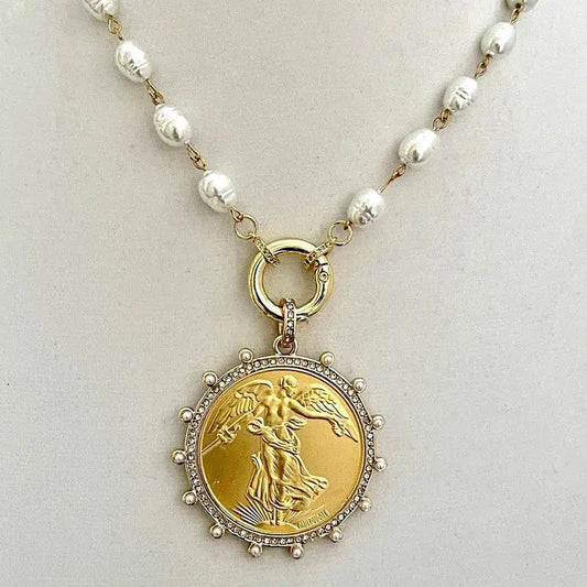 Gold French Coin Pendant-Porcelain Replica Pearl Necklace-Reproduction Commemorative Medal-Bezel w/Pearl and CZ-Spring Lock Clasp