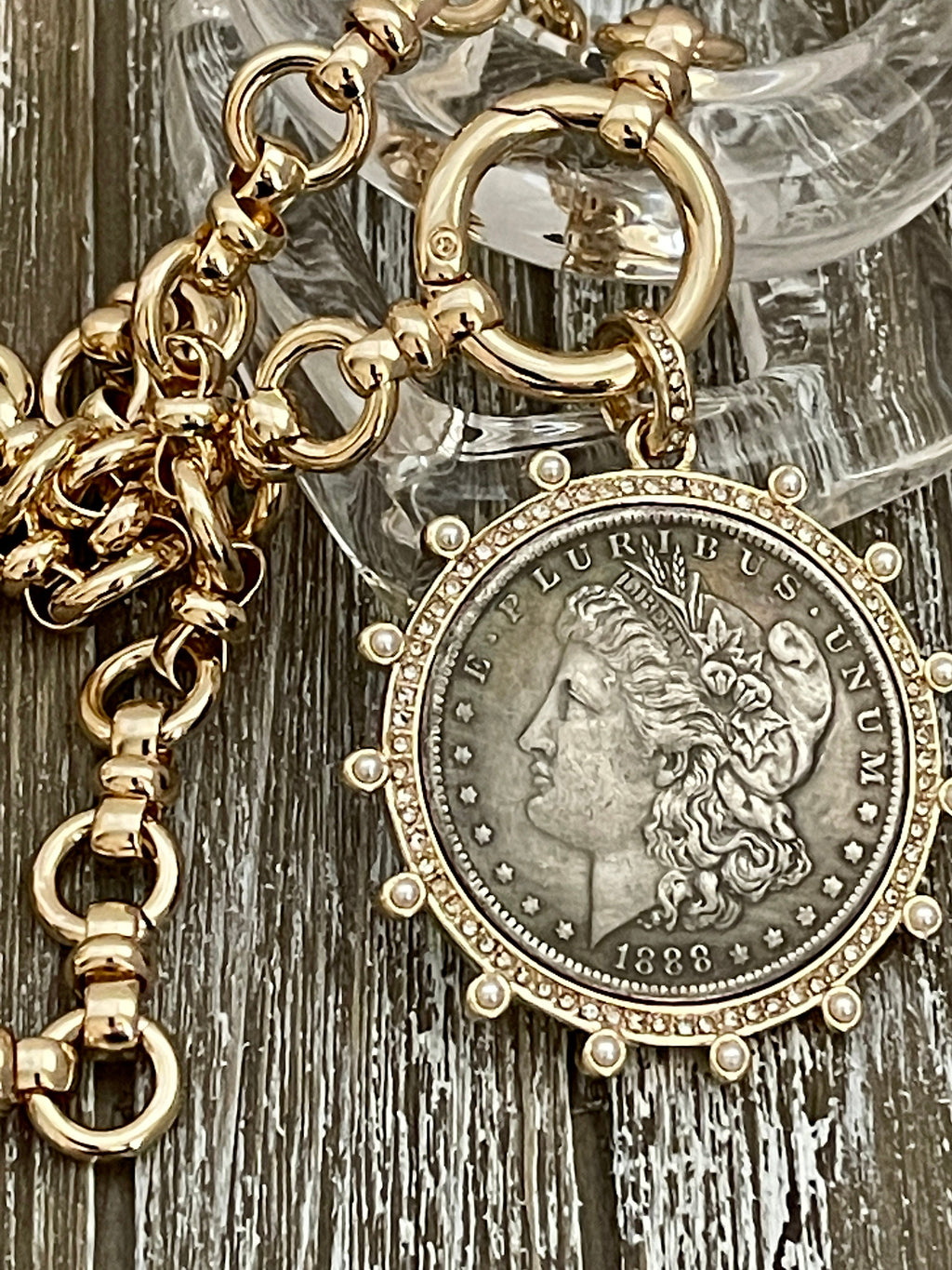 Burnished Silver Morgan Dollar Coin Necklace, Gold CZ Pearl Bezel