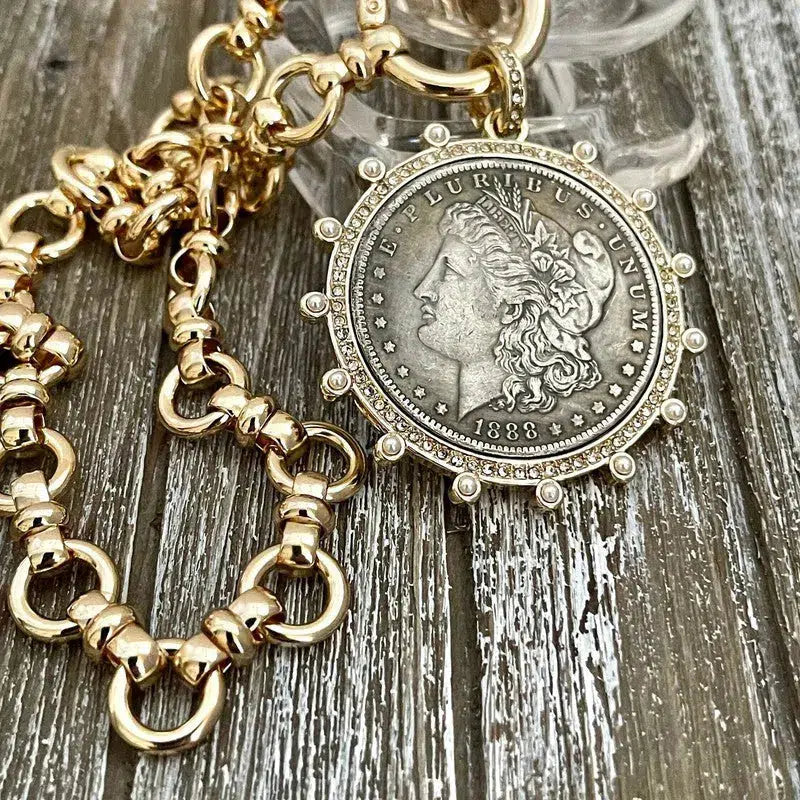 Burnished Silver Coin Necklace-Gold Multi Link Chain Necklace-Gold Reproduction Coin Pendant-Gold Pearl Bezel Coin-Spring Clasp-Art Deco