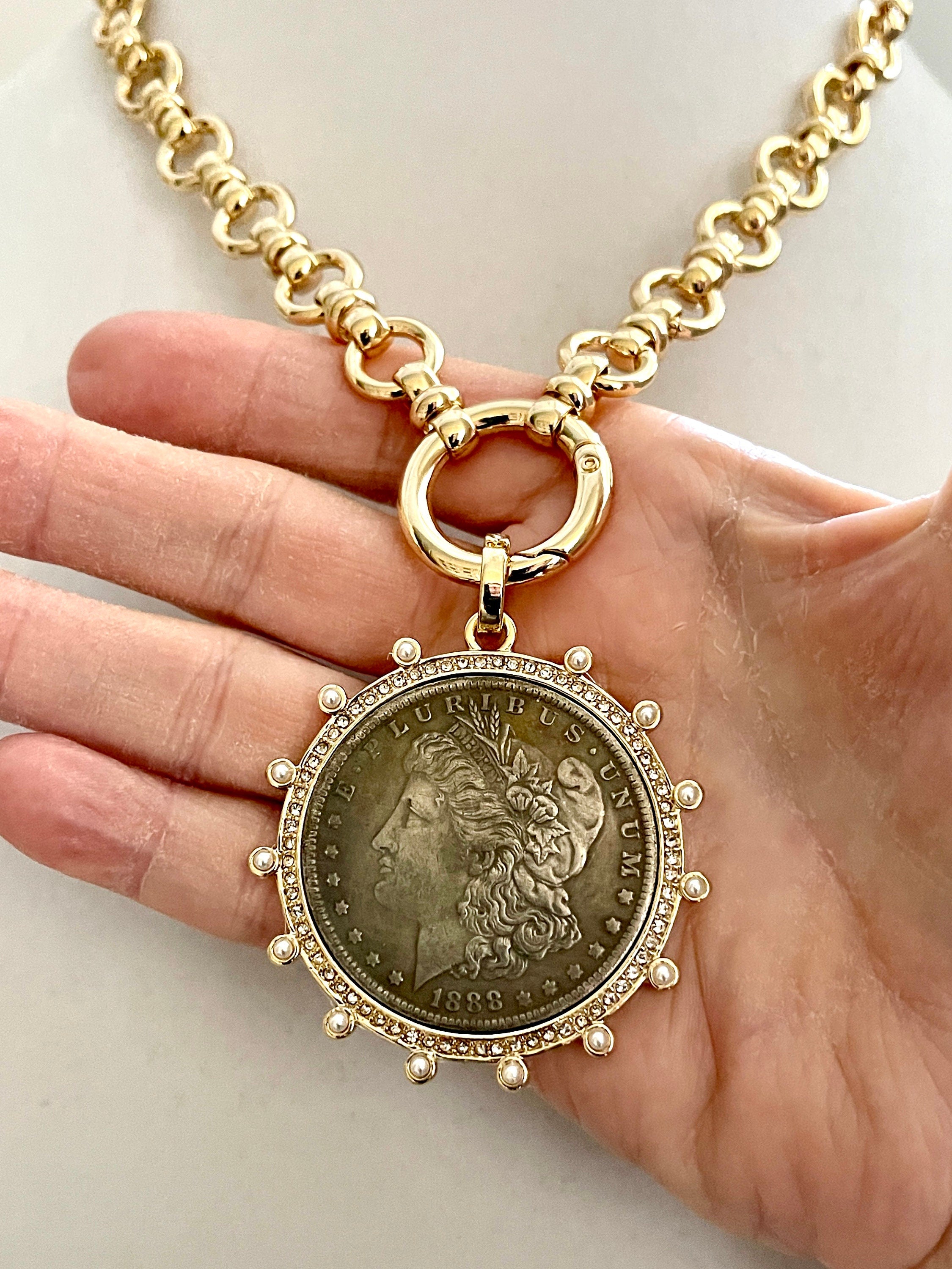 Burnished Silver Morgan Dollar Coin Necklace, Gold CZ Pearl Bezel