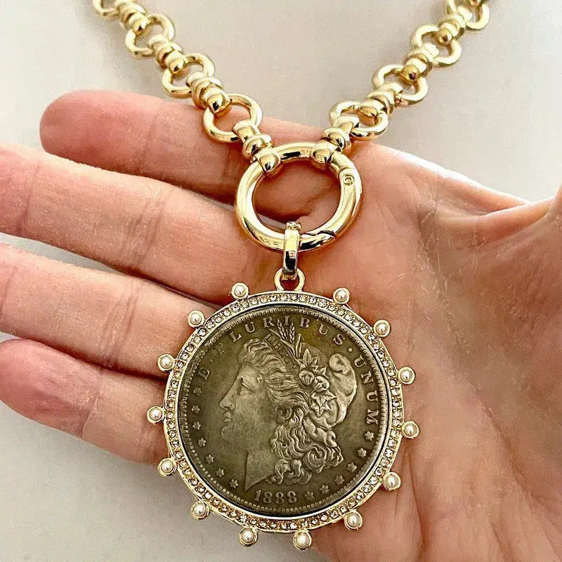 Burnished Silver Coin Necklace-Gold Multi Link Chain Necklace-Gold Reproduction Coin Pendant-Gold Pearl Bezel Coin-Spring Clasp-Art Deco