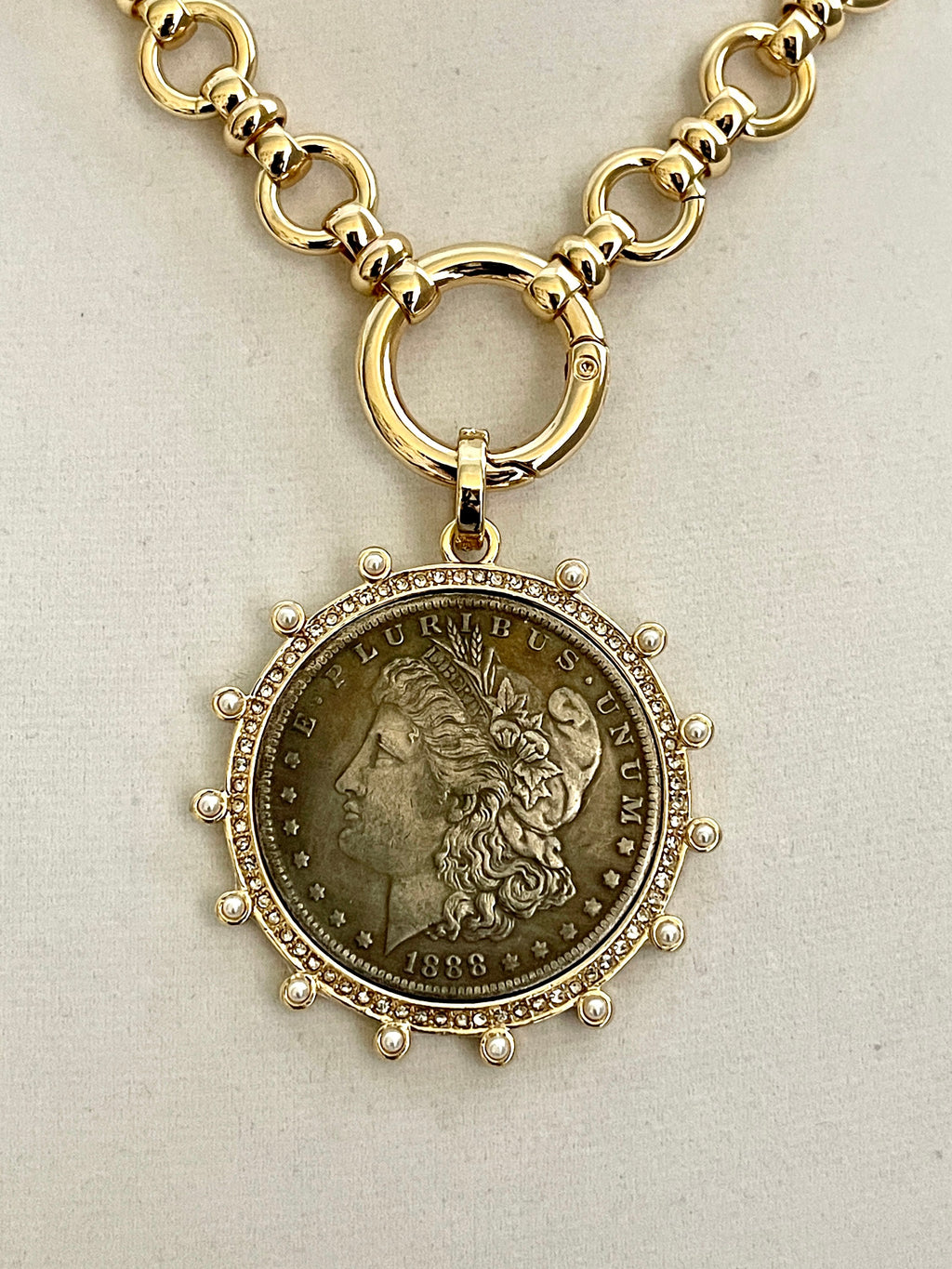 Burnished Silver Morgan Dollar Coin Necklace, Gold CZ Pearl Bezel
