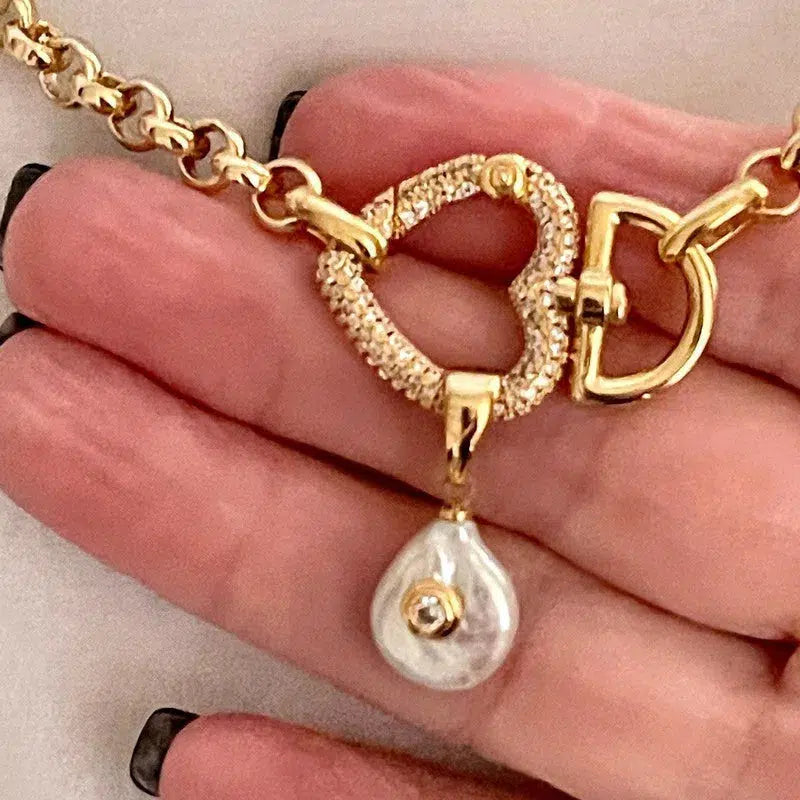 Gold Heart Carabiner Chain Necklace-Micro Pave Spring Clasp-CZ Heart Pearl Pendant-Gold Plated Belcher Rolo Chain-Dainty Necklace-Her Gift