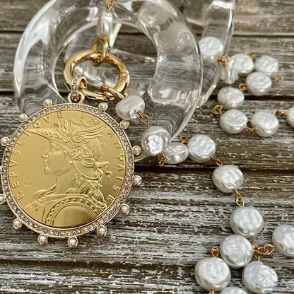 Gold Reproduction French Coin Necklace-Porcelain Glass Coin Shape Pearl Chain-Cubic Zirconia and Pearl Bezel Coin-Spring Lock Clasp