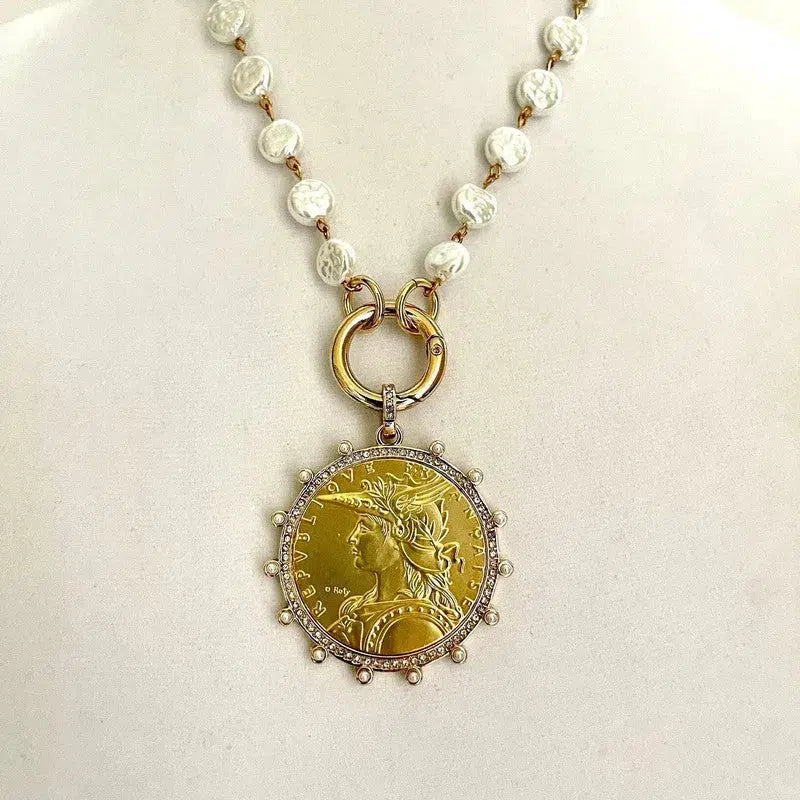 Gold Reproduction French Coin Necklace-Porcelain Glass Coin Shape Pearl Chain-Cubic Zirconia and Pearl Bezel Coin-Spring Lock Clasp