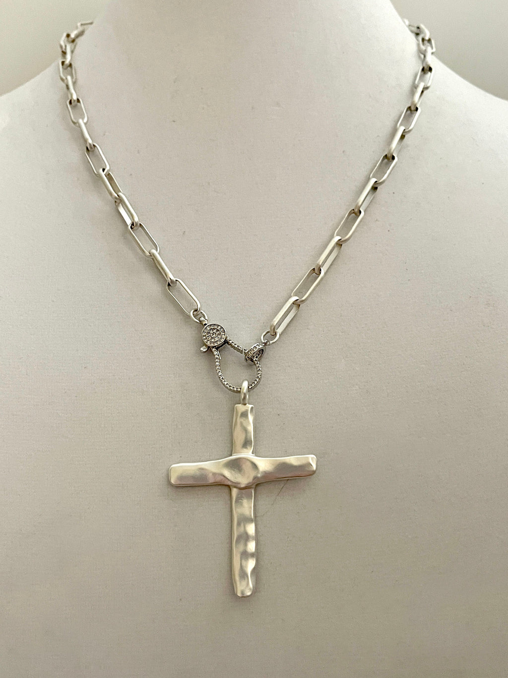 Matte Silver Cross Pendant Necklace: Paperclip Chain, Carabiner Clasp