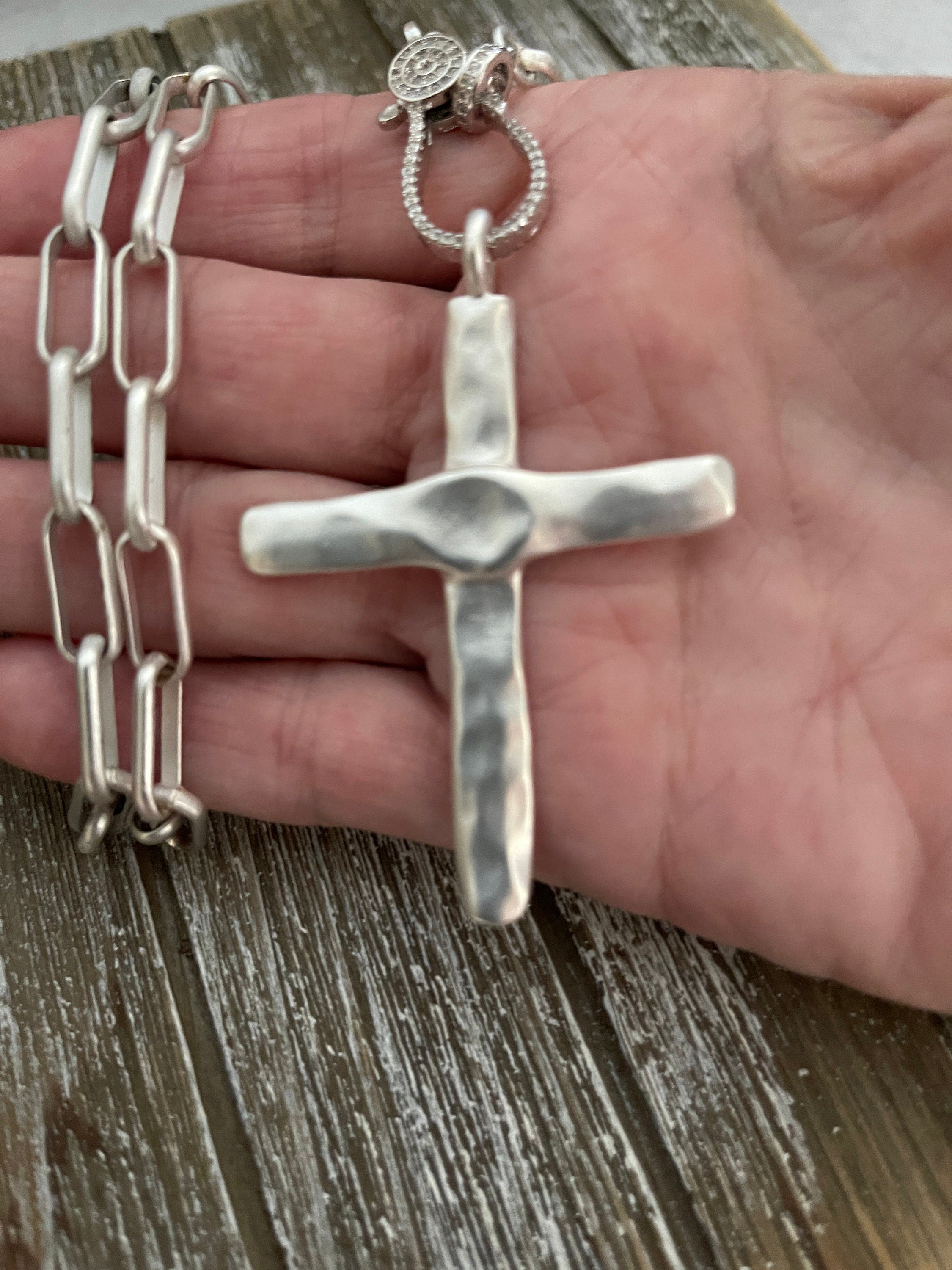 Matte Silver Cross Pendant Necklace: Paperclip Chain, Carabiner Clasp