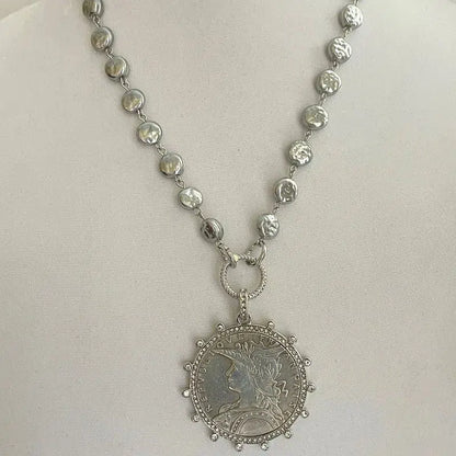 Silver Reproduction French Coin Necklace-Porcelain Glass Grey Coin Shape Pearl Chain-Cubic Zirconia Bezel Coin-Rope Design Spring Lock Clasp