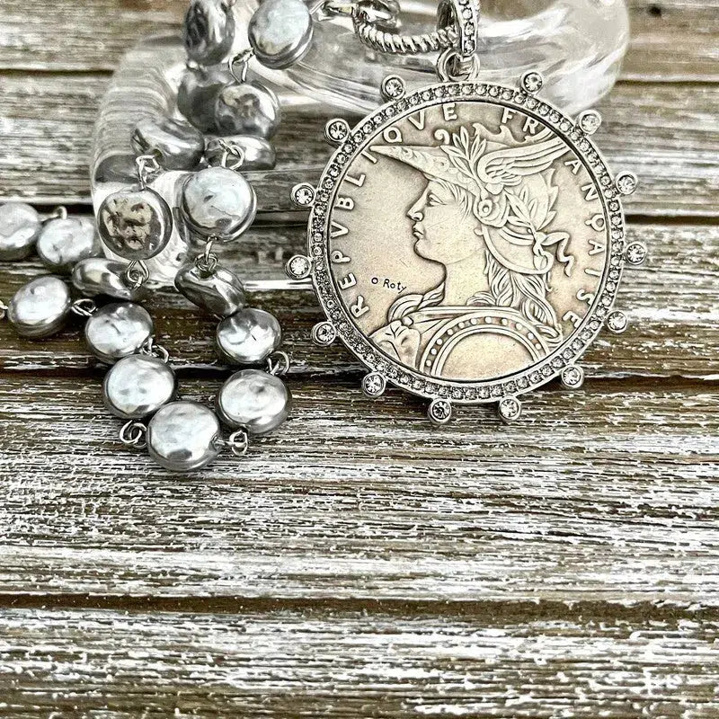Silver Reproduction French Coin Necklace-Porcelain Glass Grey Coin Shape Pearl Chain-Cubic Zirconia Bezel Coin-Rope Design Spring Lock Clasp