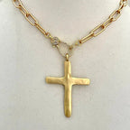 Matte Gold Cross Necklace,Micro Pave Carabiner Clasp,Matte Gold Paperclip Chain,Textured Brass Cross,Religious Pendant